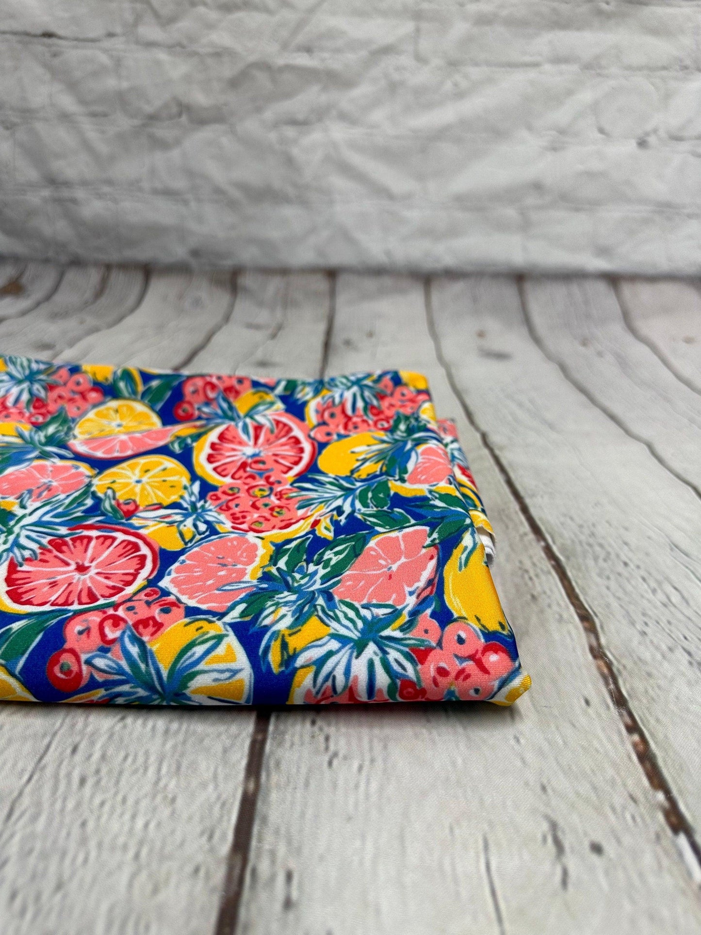 4 Way Stretch Print Spandex Fabric By The Yard Tricot Swim Wear Bikini Tropical Teal Lemon Fruit Orange Floral 280 GSM