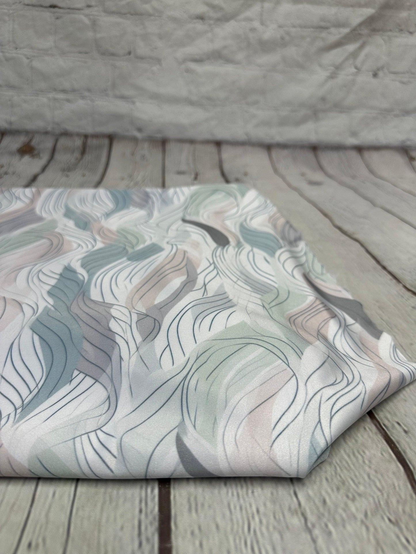4 Way Stretch Print Spandex Fabric By The Yard Tricot Swim Wear Bikini Pastel Sage Hazy Wave Water 280 GSM