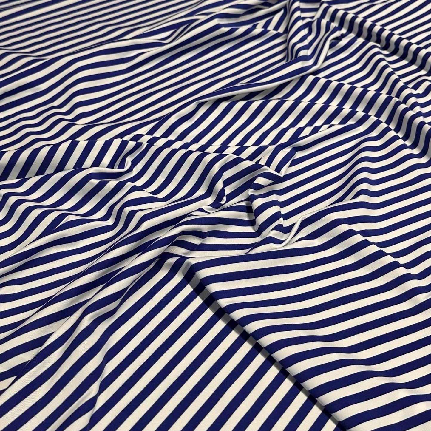 4 Way Stretch Print Nylon Spandex Fabric By The Yard Tricot Swim Wear Bikini Active Wear 1/4 Inch Classic Stripe Royal Blue White