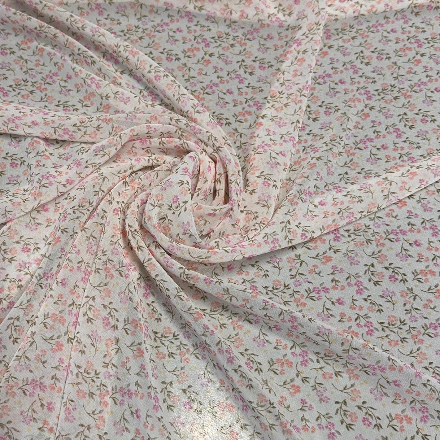 Polyester Chiffon Woven Print Fabric By The Yard Mini Multicolor Peach Flower Summer Floral Print Summer Flowy Dress