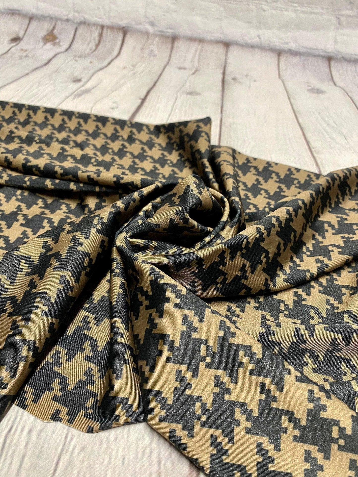 4 Way Stretch Assorted Print Nylon Spandex Fabric By The Yard Tricot Swim Wear Bikini Active Wear Olive Black Houndstooth Print 280 GSM