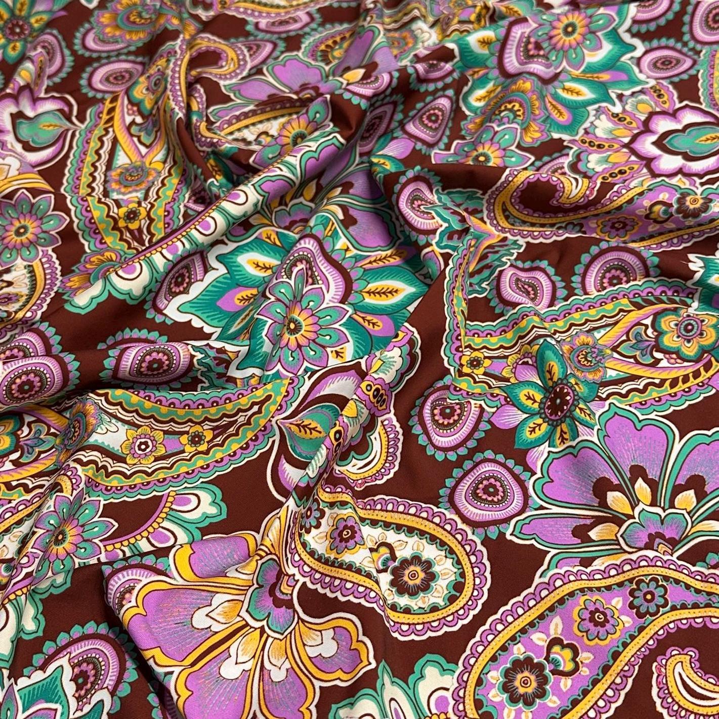 4 Way Stretch Print Nylon Spandex Fabric By The Yard Tricot Swim Wear Bikini Active Wear Multicolor Boho Paisley Brown Pink
