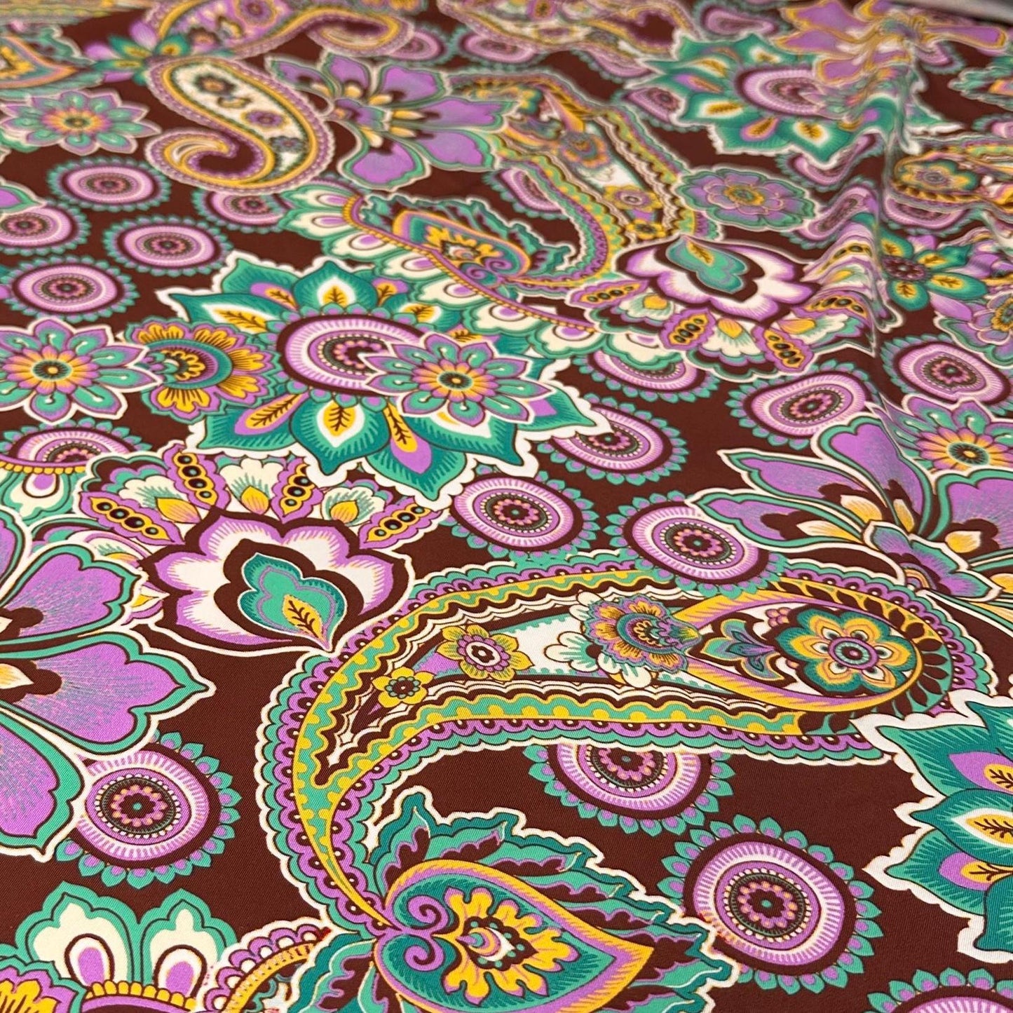 4 Way Stretch Print Nylon Spandex Fabric By The Yard Tricot Swim Wear Bikini Active Wear Multicolor Boho Paisley Brown Pink