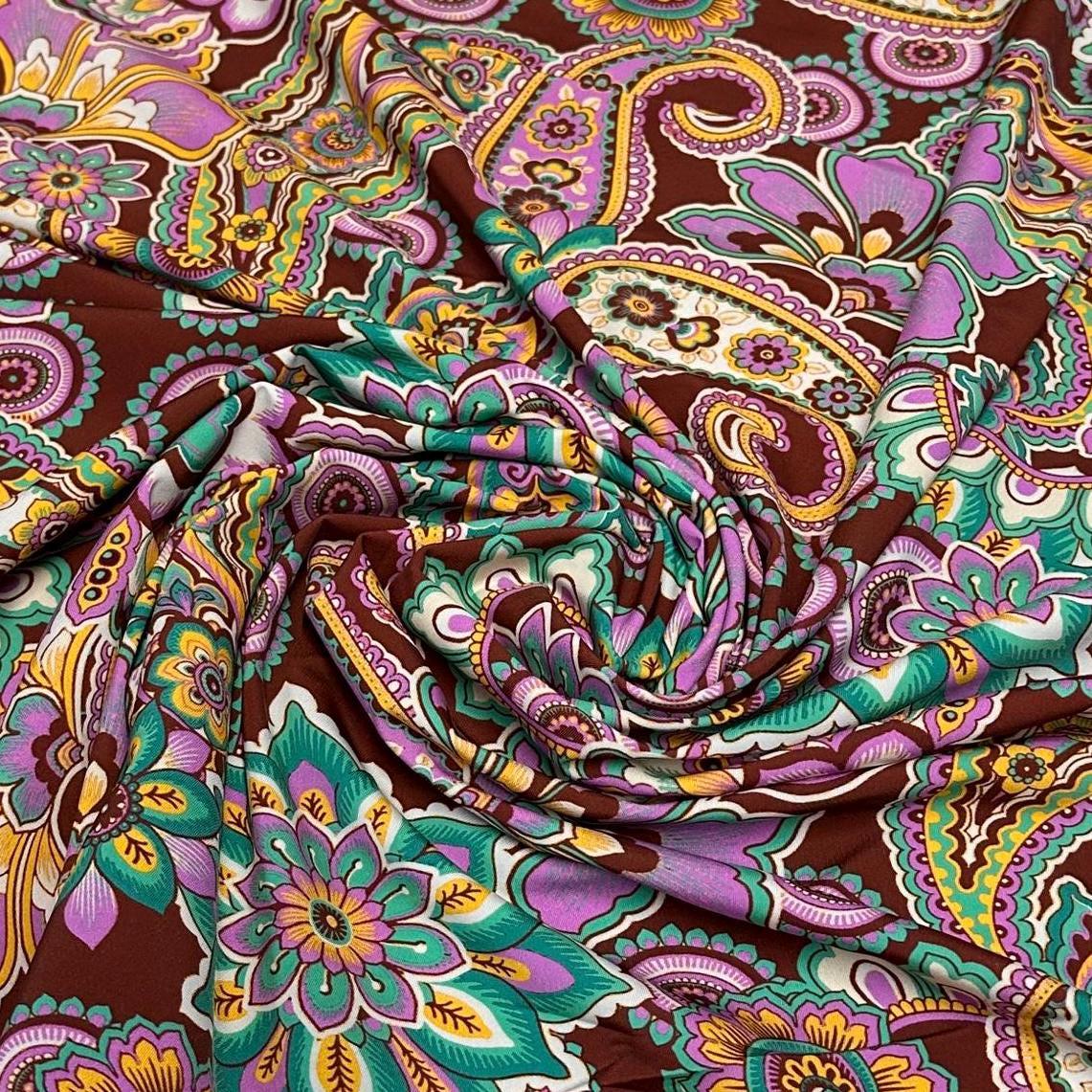 4 Way Stretch Print Nylon Spandex Fabric By The Yard Tricot Swim Wear Bikini Active Wear Multicolor Boho Paisley Brown Pink