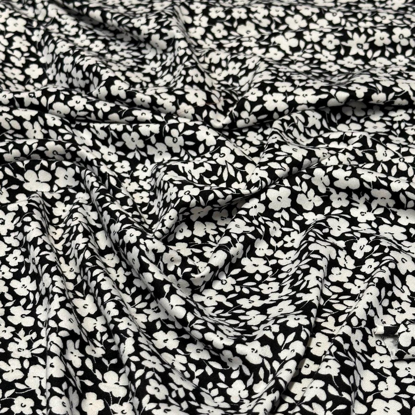 DBP Double Brushed Poly Spandex Print Ditsy Flower Vintage Floral Print By The Yard Black White