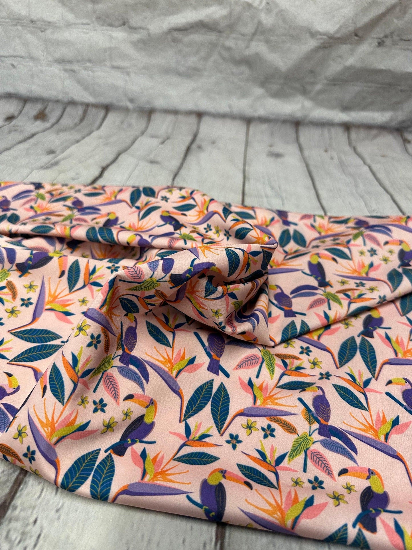 4 Way Stretch Print Spandex Fabric By The Yard Tricot Swim Wear Bikini Floral Multi Color Bird of Pardise Tucan Flower Print 280 GSM