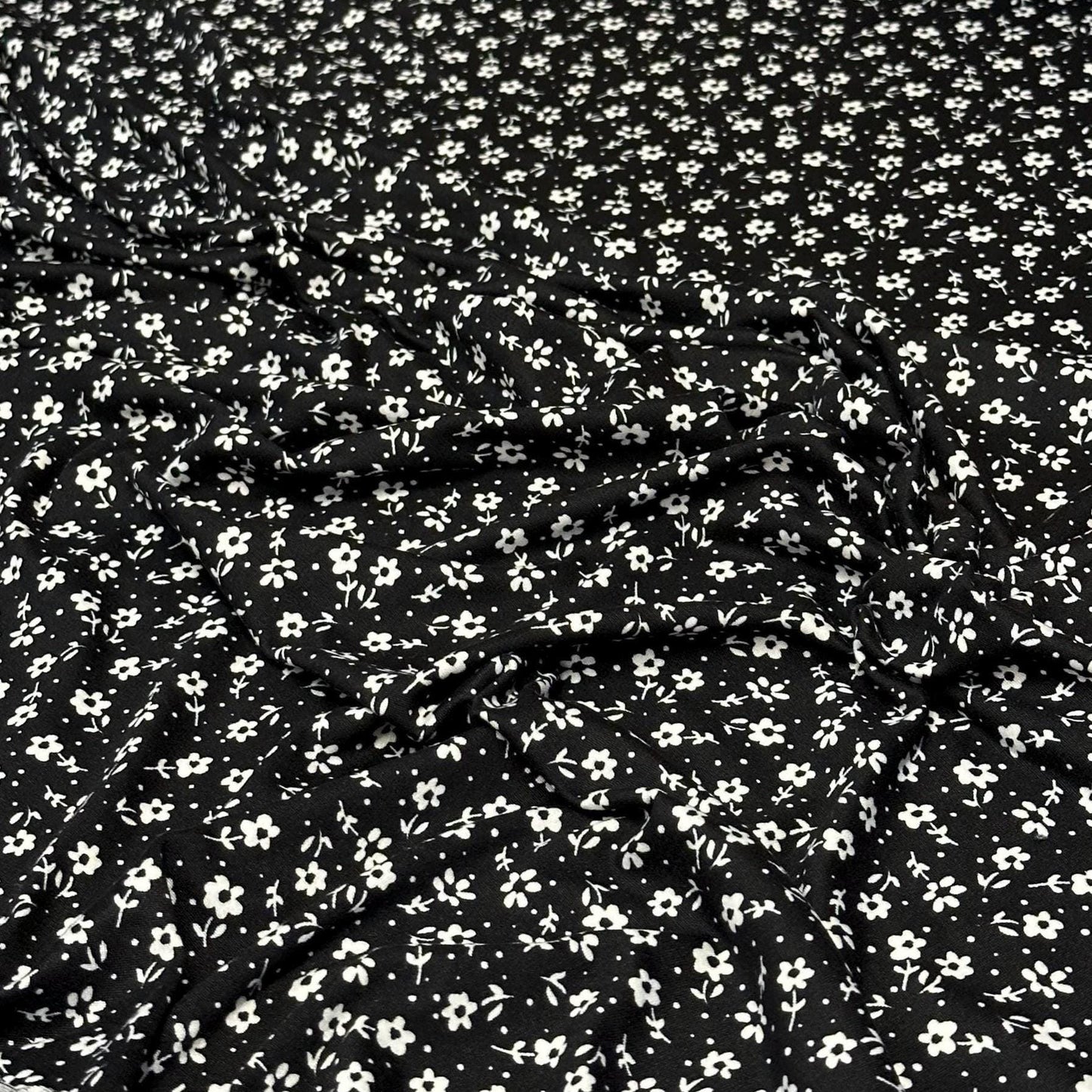 DBP Double Brushed Poly Spandex Print Ditsy Flower Vintage Mini Floral Print By The Yard Black White