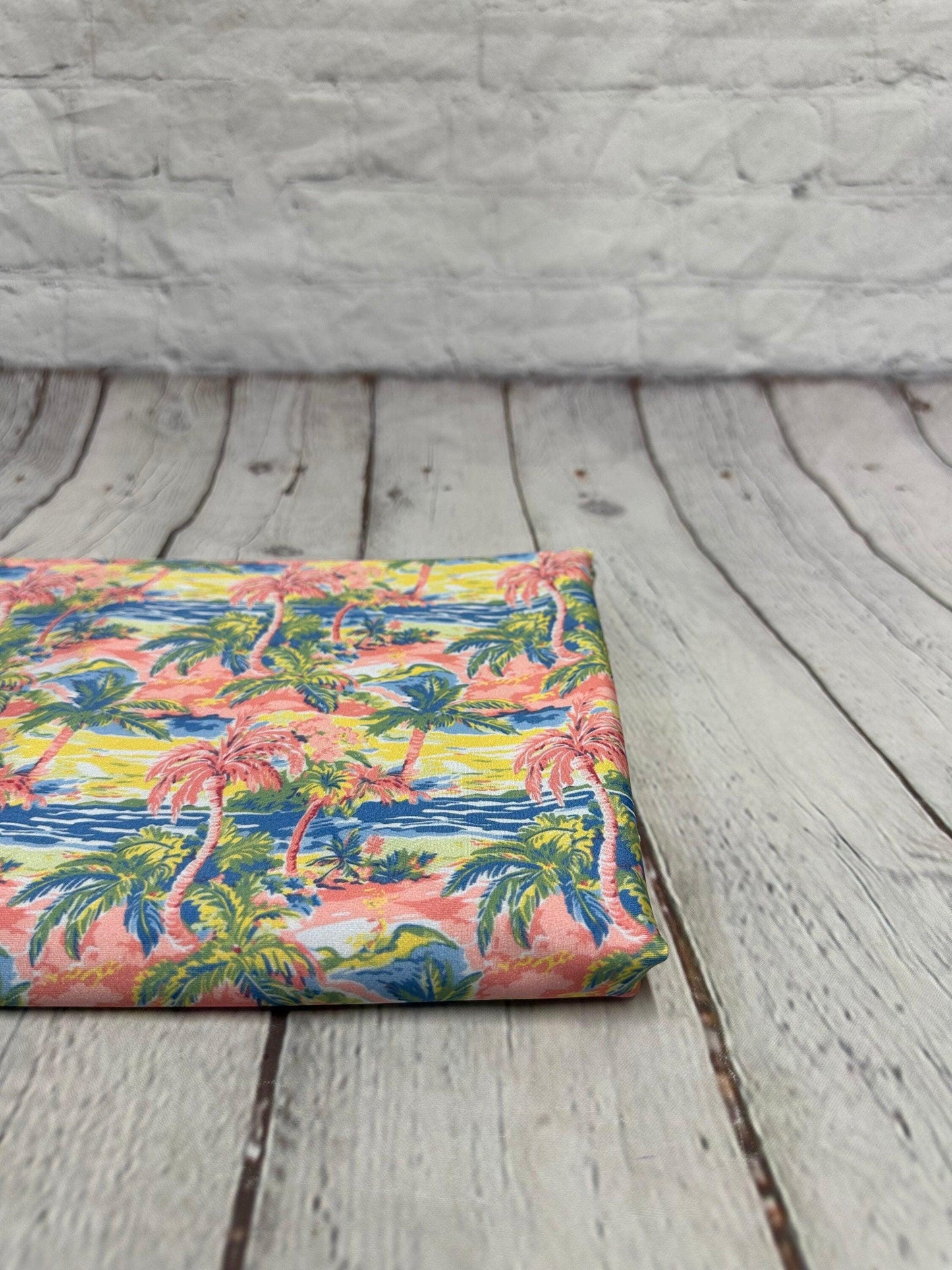 4 Way Stretch Print Spandex Fabric By The Yard Tricot Swim Wear Bikini Tropical Pink Palm Tree Ocean Leaves 280 GSM