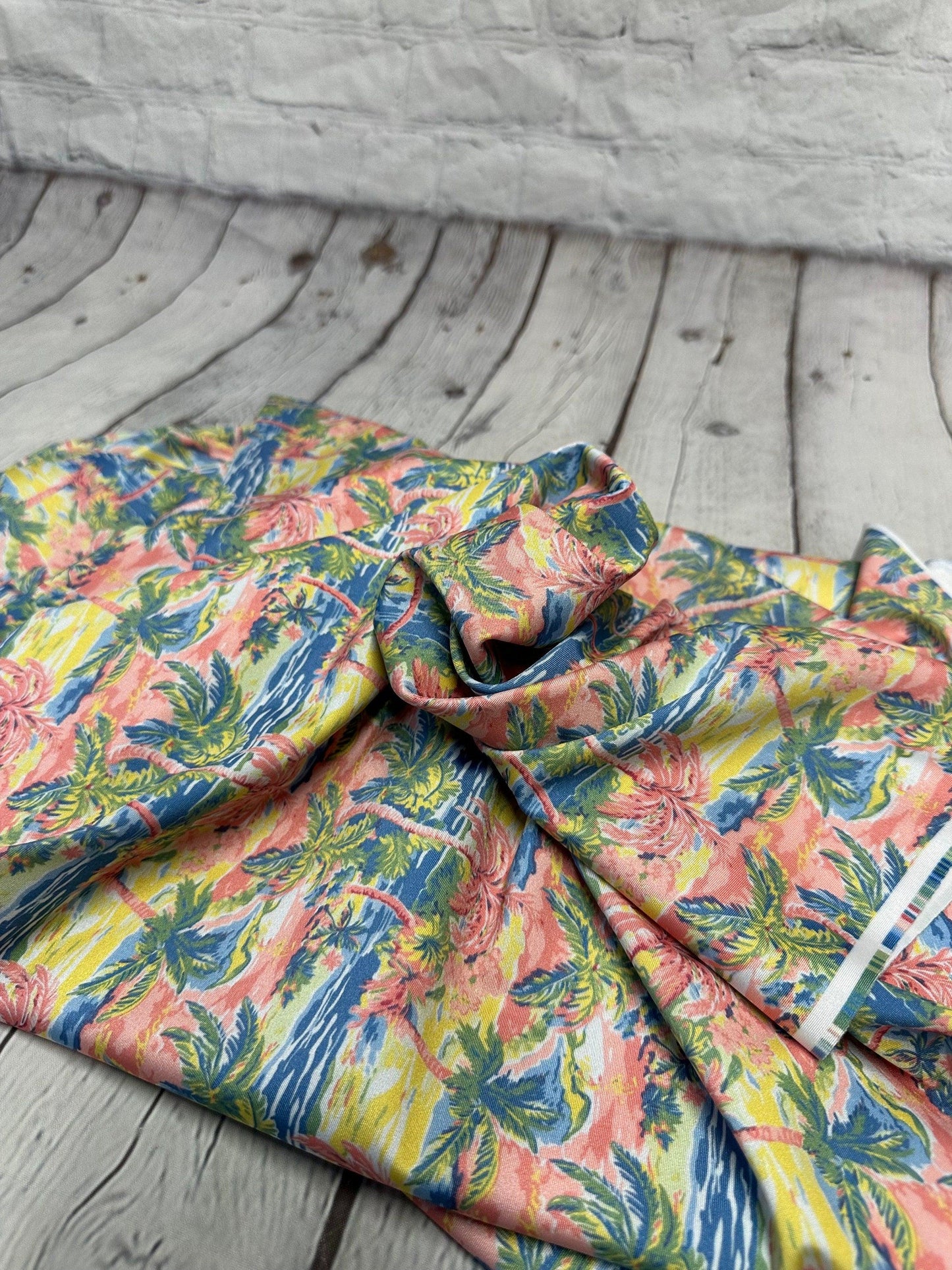 4 Way Stretch Print Spandex Fabric By The Yard Tricot Swim Wear Bikini Tropical Pink Palm Tree Ocean Leaves 280 GSM