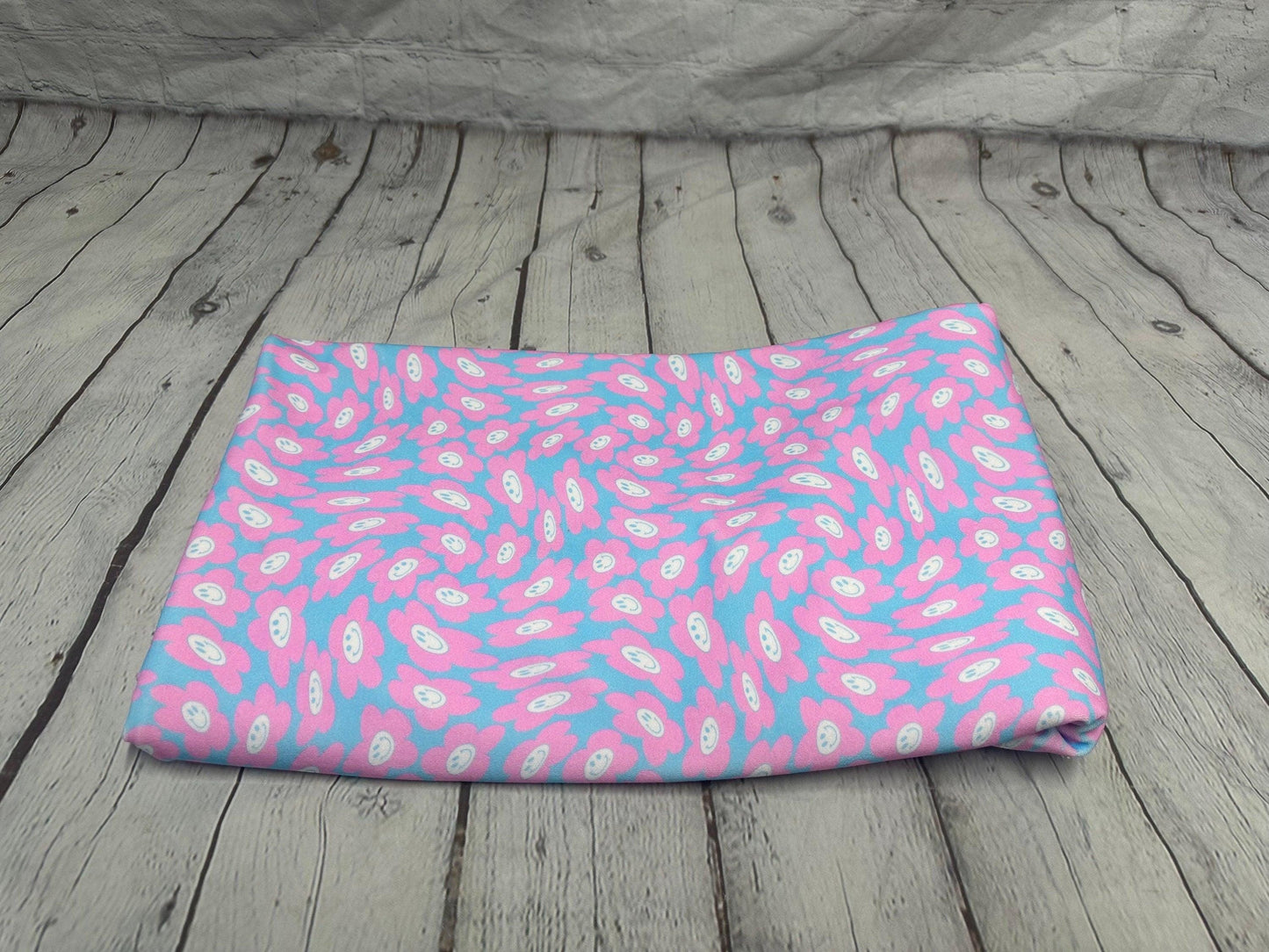 4 Way Stretch Print Poly Spandex Fabric By The Yard Terry Swim Wear Bikini Active Wear Multicolor Daisy Smiley 70s Retro Vintage 300 GSM