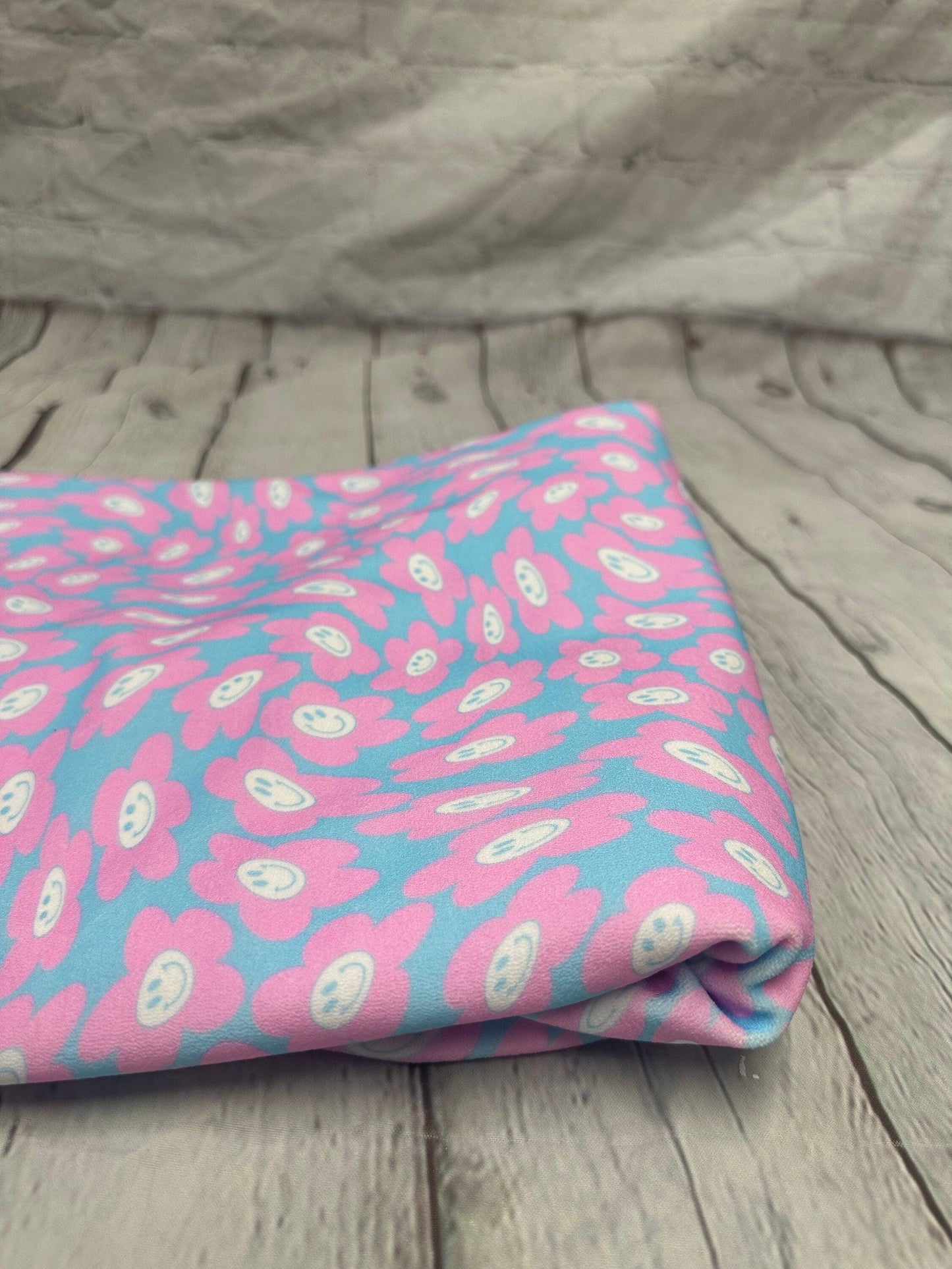 4 Way Stretch Print Poly Spandex Fabric By The Yard Terry Swim Wear Bikini Active Wear Multicolor Daisy Smiley 70s Retro Vintage 300 GSM