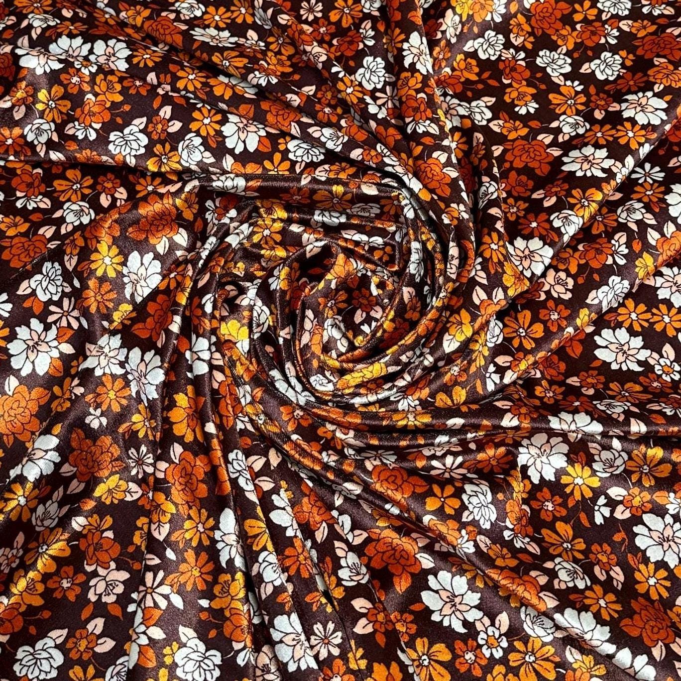 VELVET Stretch Polyester Fabric By The Yard Vintage Boho Retro Floral 70s Flower Print