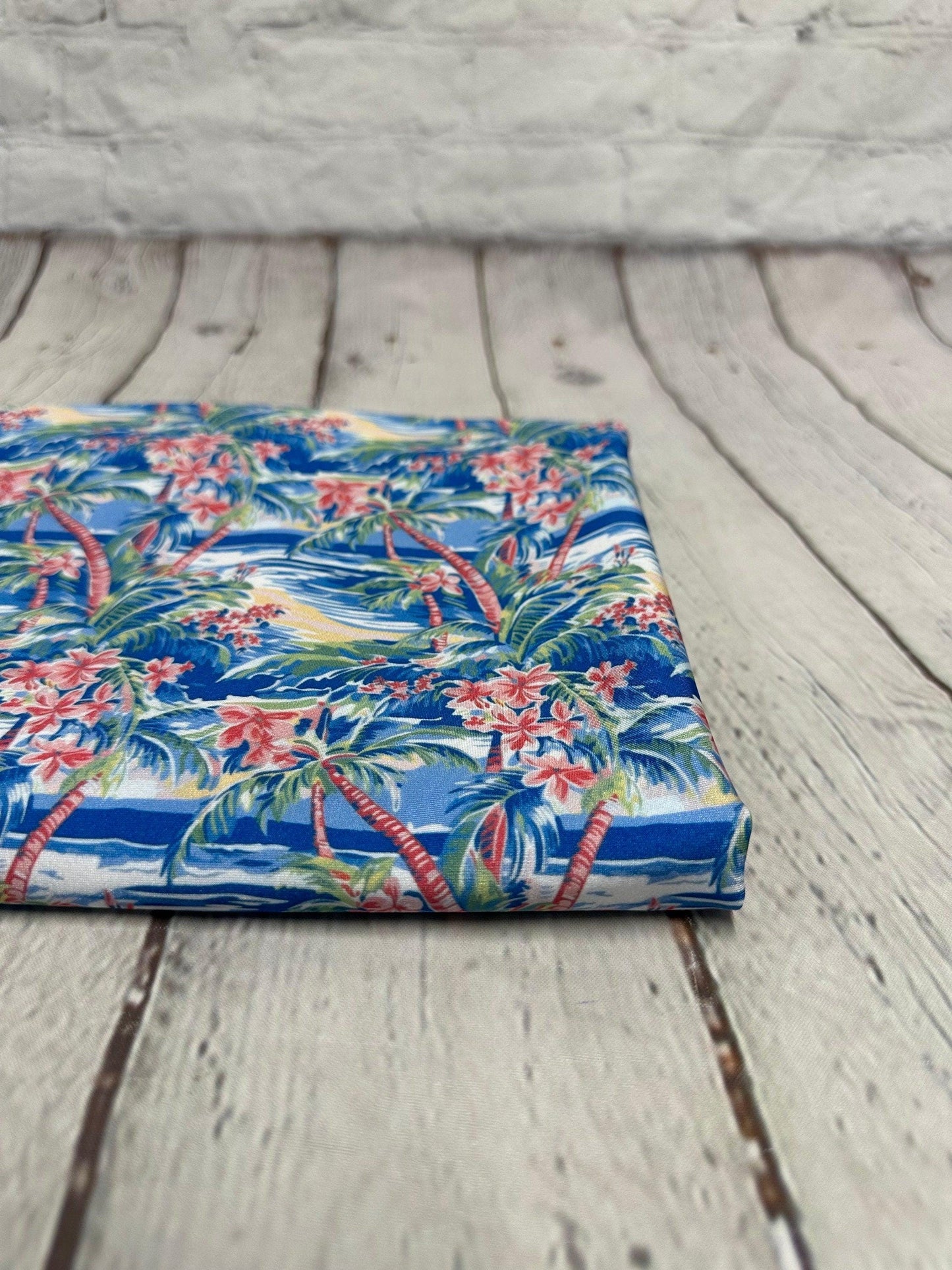 4 Way Stretch Print Spandex Fabric By The Yard Tricot Swim Wear Bikini Tropical Blue Pink Palm Tree Ocean Leaves 280 GSM