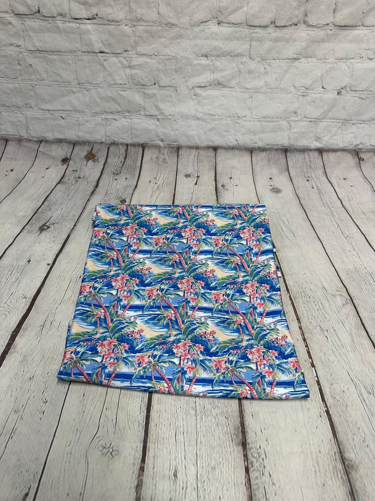 4 Way Stretch Print Spandex Fabric By The Yard Tricot Swim Wear Bikini Tropical Blue Pink Palm Tree Ocean Leaves 280 GSM