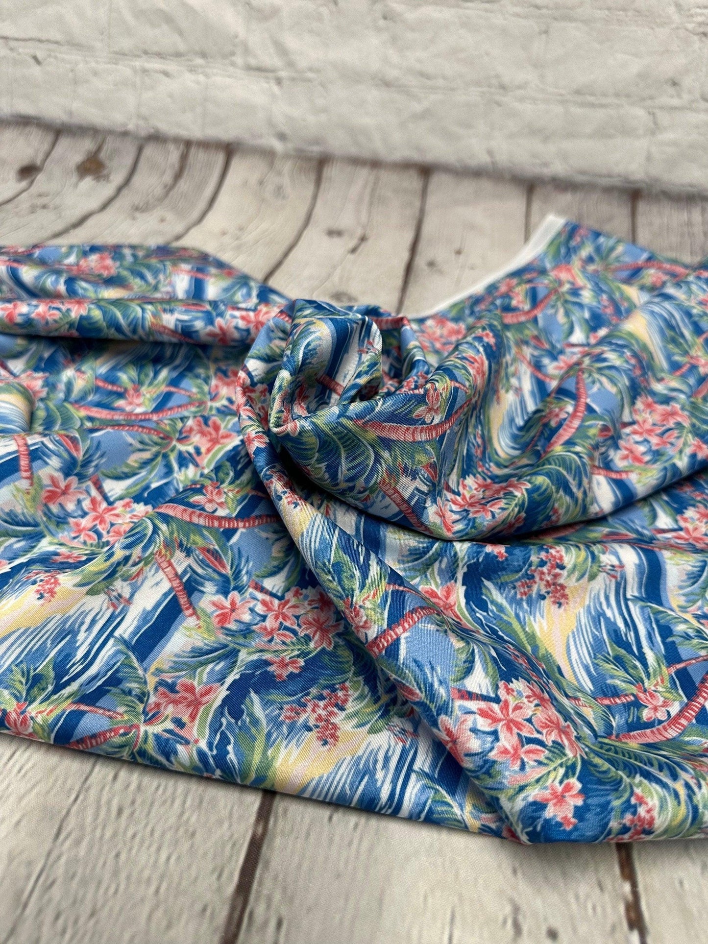 4 Way Stretch Print Spandex Fabric By The Yard Tricot Swim Wear Bikini Tropical Blue Pink Palm Tree Ocean Leaves 280 GSM