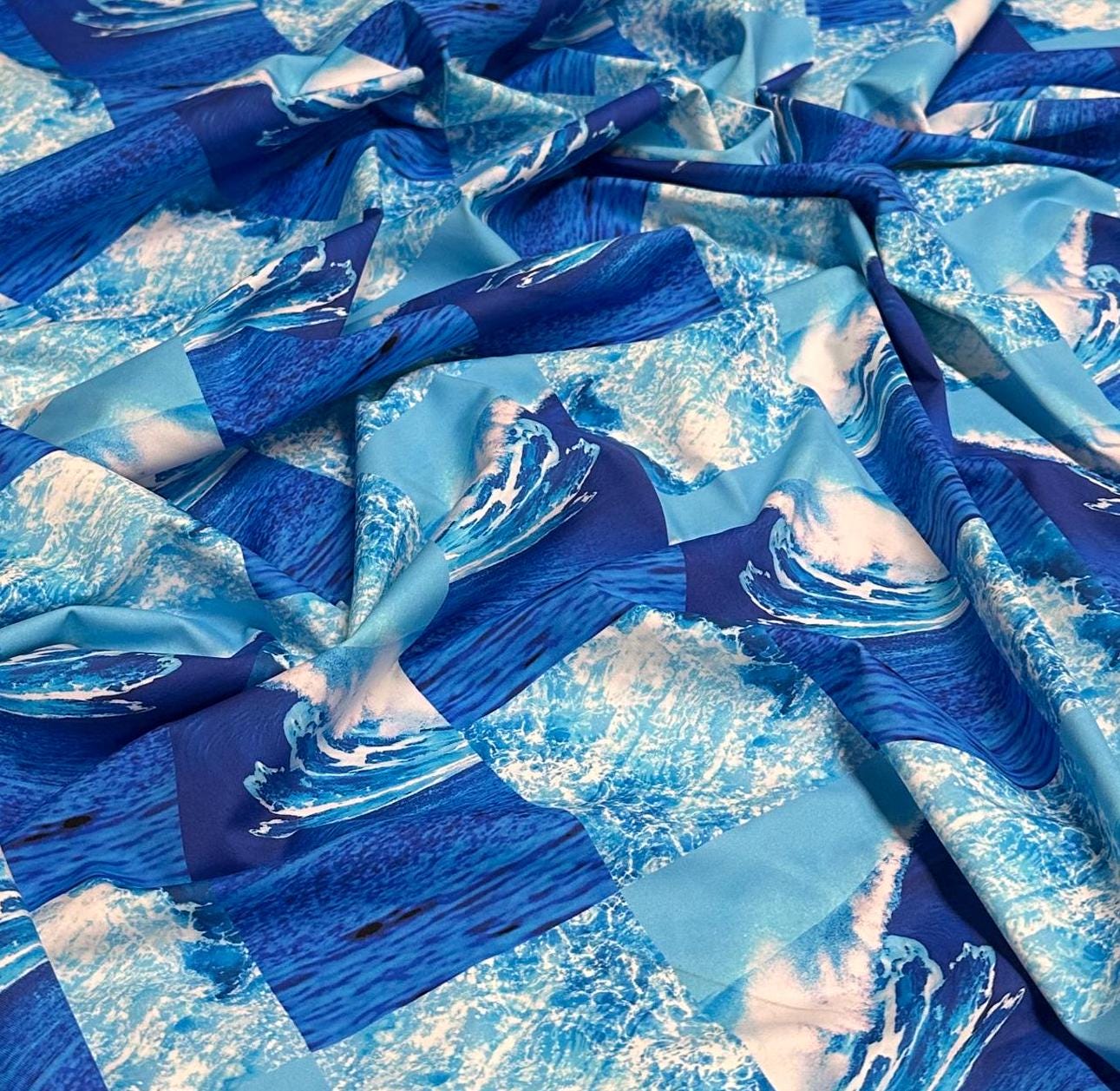 4 Way Stretch Print Nylon Spandex Fabric By The Yard Tricot Swim Wear Bikini Active Wear Abstract Wave Water Patchwork 260 GSM