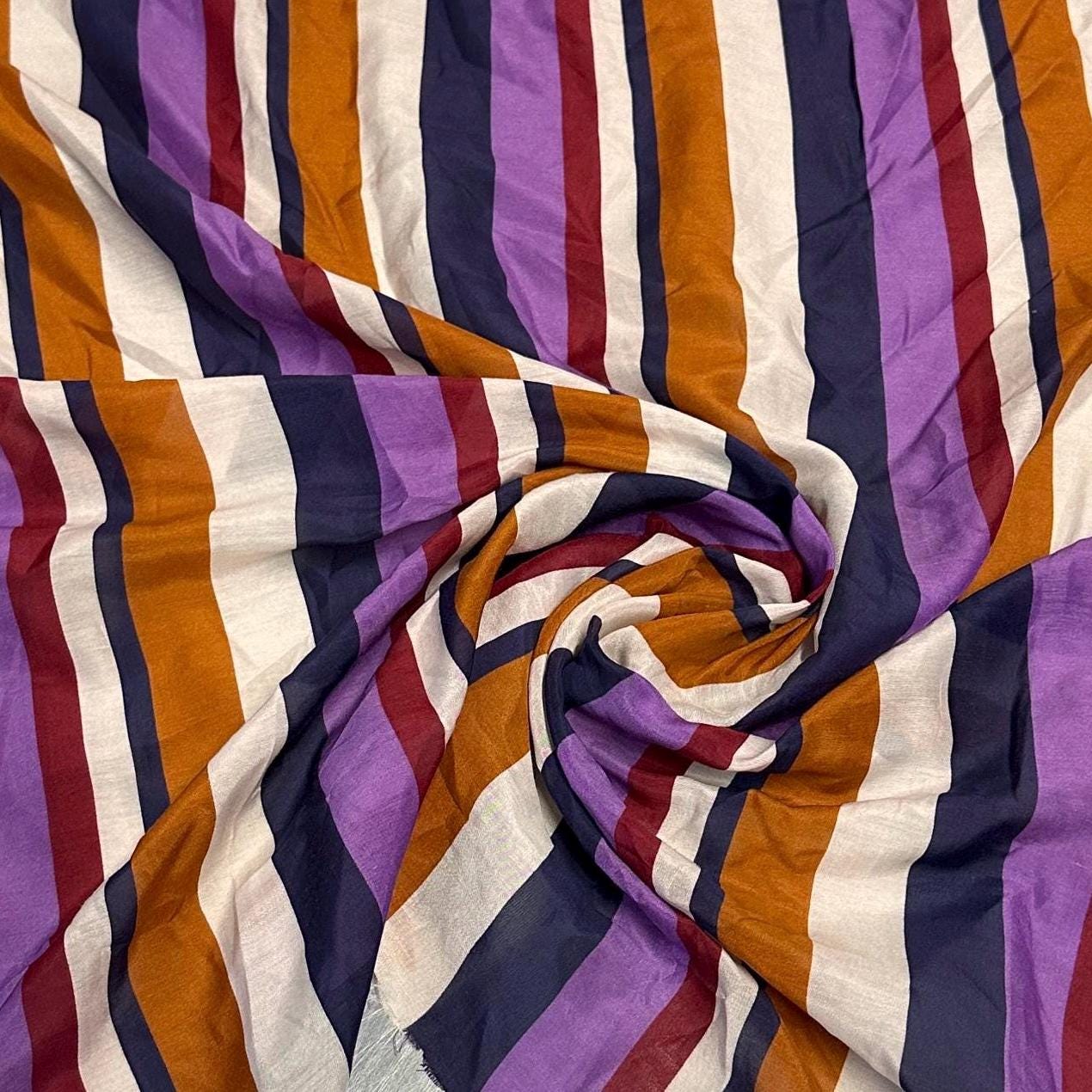 Cotton Silk Multi Color Varigated Stripe Print Fabric By The Yard