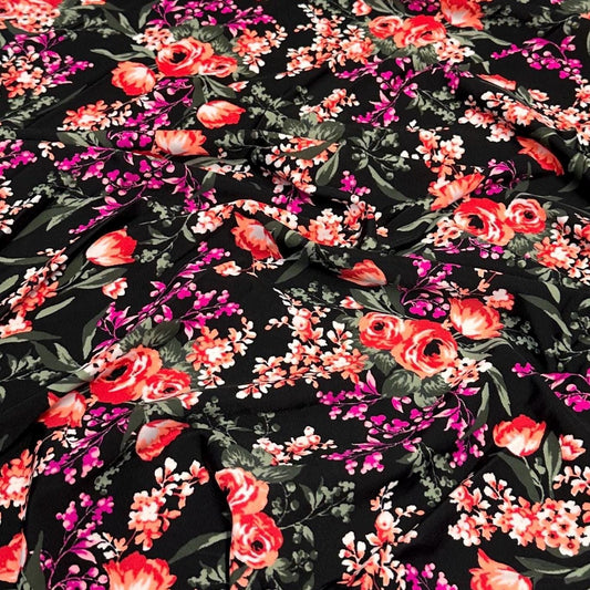 4 Way Stretch Print Nylon Spandex Fabric By The Yard Tricot Swim Wear Bikini Active Wear Tropical Floral Flower Black Magenta Red