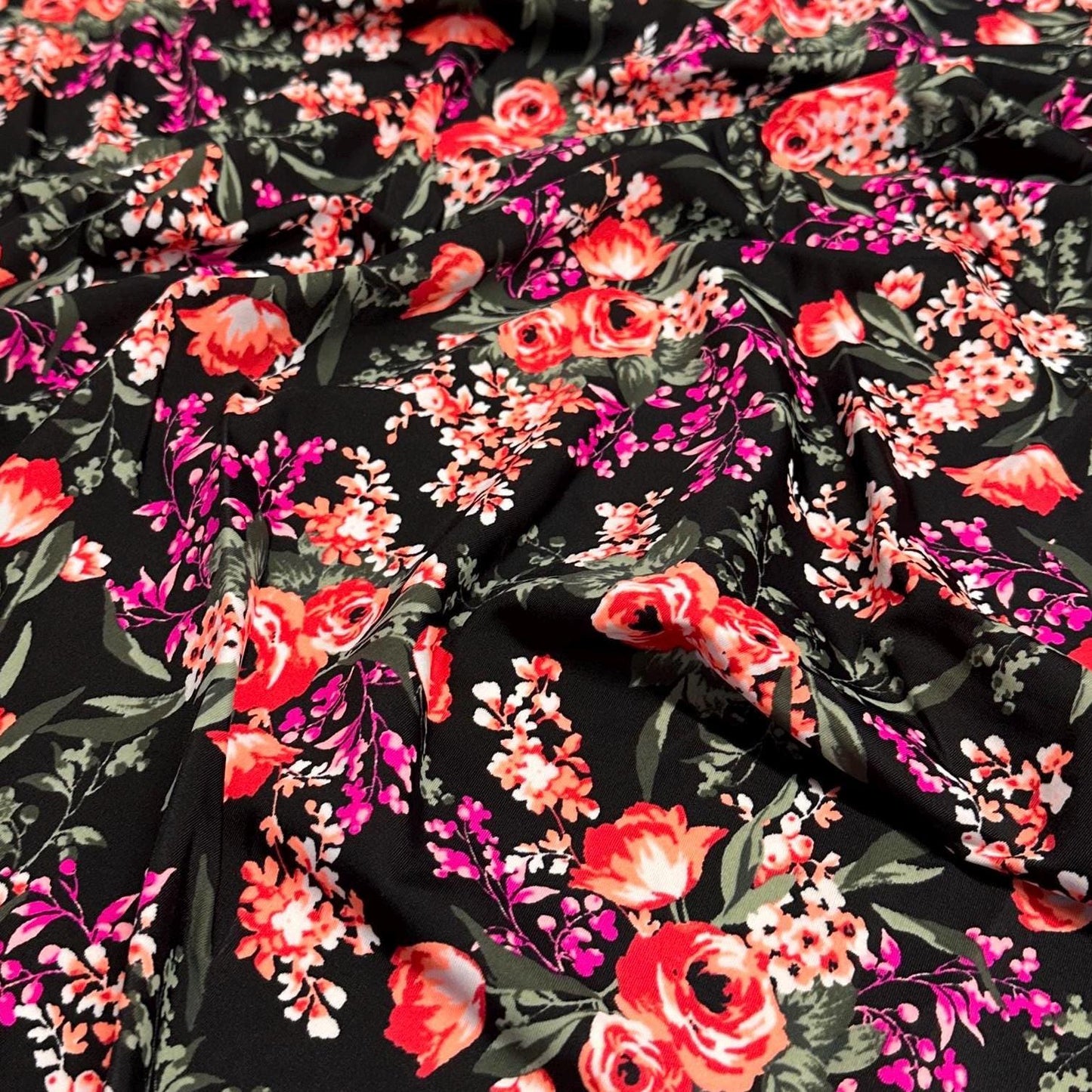 4 Way Stretch Print Nylon Spandex Fabric By The Yard Tricot Swim Wear Bikini Active Wear Tropical Floral Flower Black Magenta Red