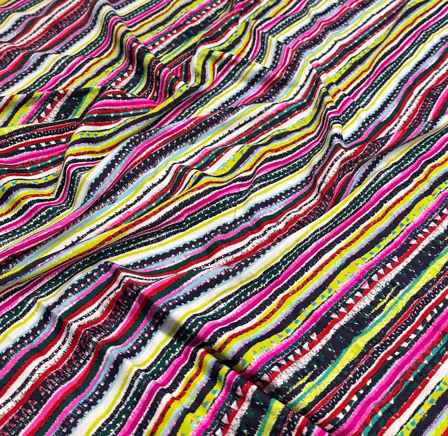 4 Way Stretch Print Nylon Spandex Fabric By The Yard Tricot Swim Wear Bikini Active Wear Multi Color Stripe Geometric Kiwi Magenta Rustic