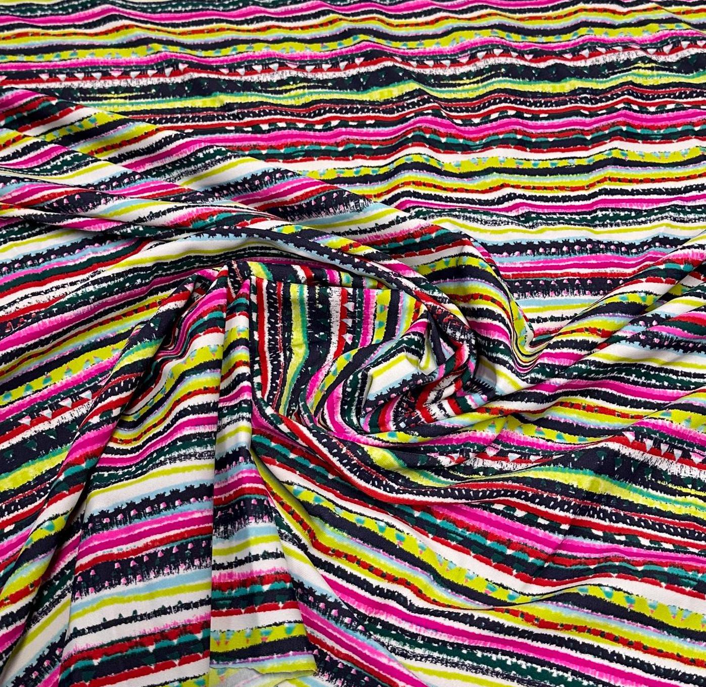 4 Way Stretch Print Nylon Spandex Fabric By The Yard Tricot Swim Wear Bikini Active Wear Multi Color Stripe Geometric Kiwi Magenta Rustic