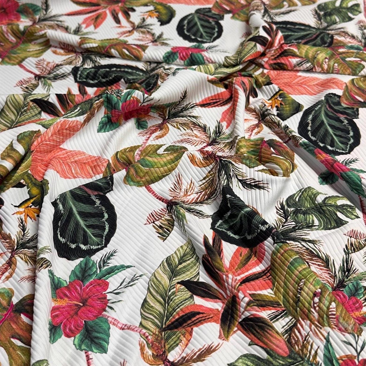 4 Way Stretch Print Rib Nylon Spandex Fabric By The Yard Tricot Swim Wear Bikini Active Wear Leaf Tropical Tree