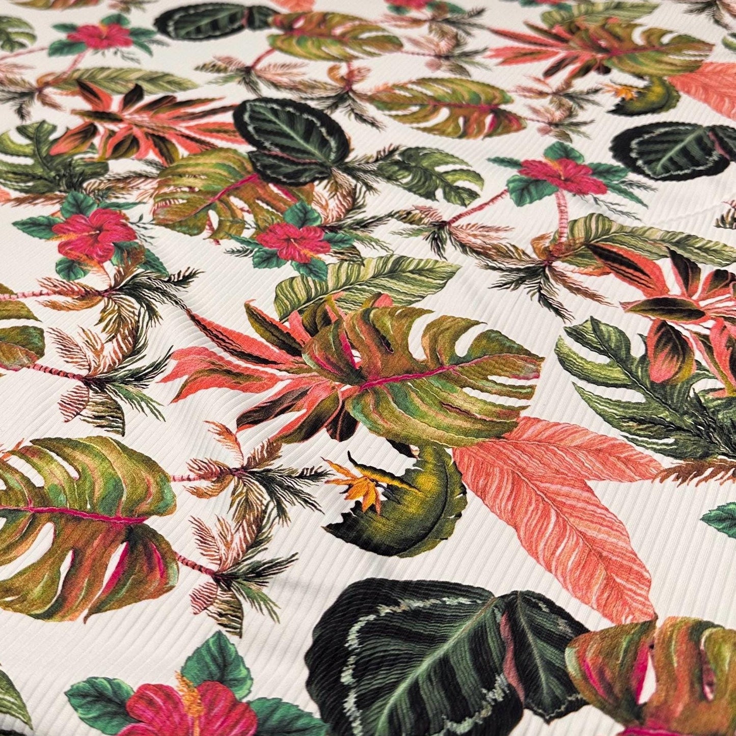 4 Way Stretch Print Rib Nylon Spandex Fabric By The Yard Tricot Swim Wear Bikini Active Wear Leaf Tropical Tree