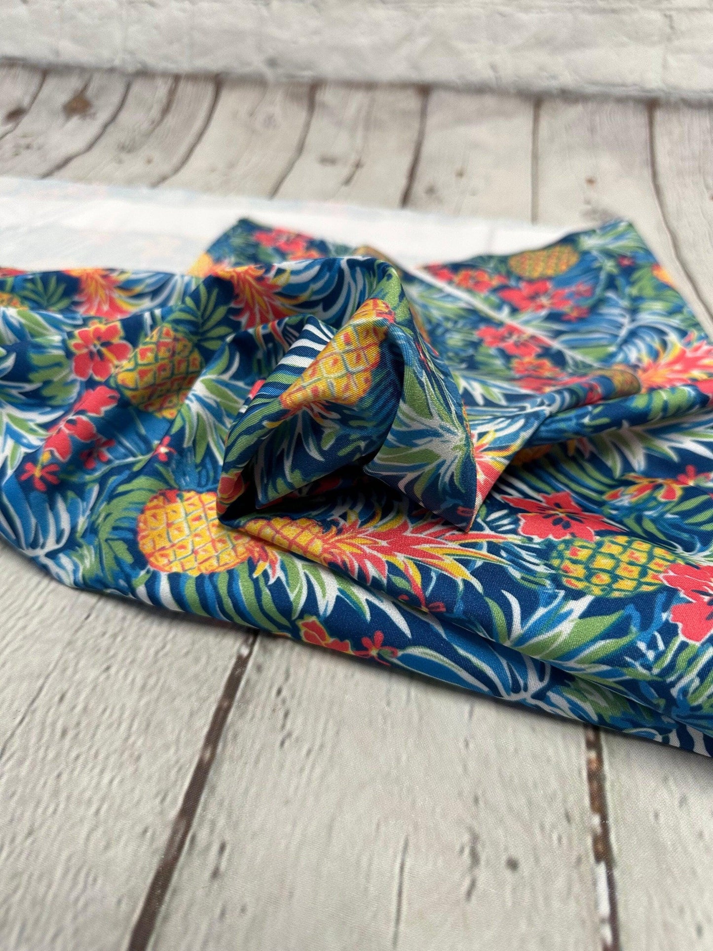 4 Way Stretch Print Spandex Fabric By The Yard Tricot Swim Wear Bikini Tropical Pineapple Teal Floral Leaf 280 GSM