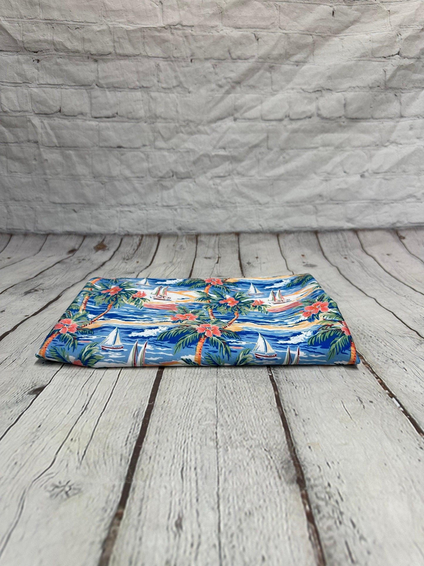 4 Way Stretch Print Spandex Fabric By The Yard Tricot Swim Wear Bikini Tropical Blue Coral Palm Tree Ocean Leaves 280 GSM