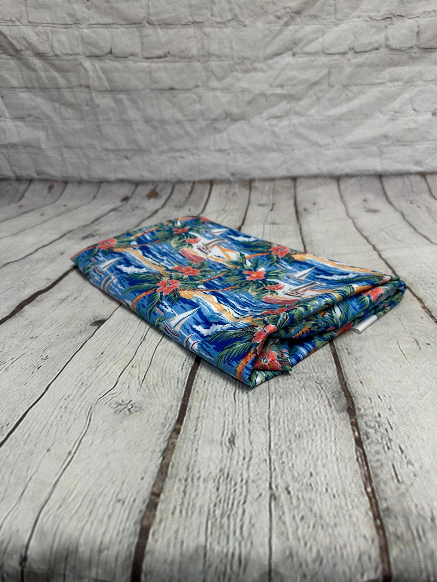 4 Way Stretch Print Spandex Fabric By The Yard Tricot Swim Wear Bikini Tropical Blue Coral Palm Tree Ocean Leaves 280 GSM