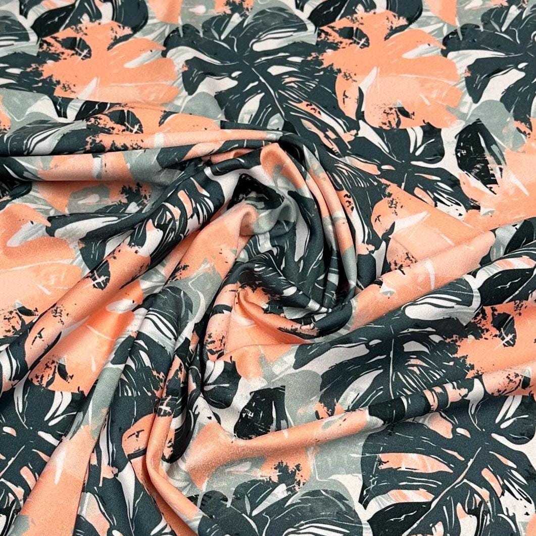 4 Way Stretch Print Spandex Fabric By The Yard Tricot Swim Wear Bikini Tropical Teal Green Mauve Floral Hawaii 280 GSM