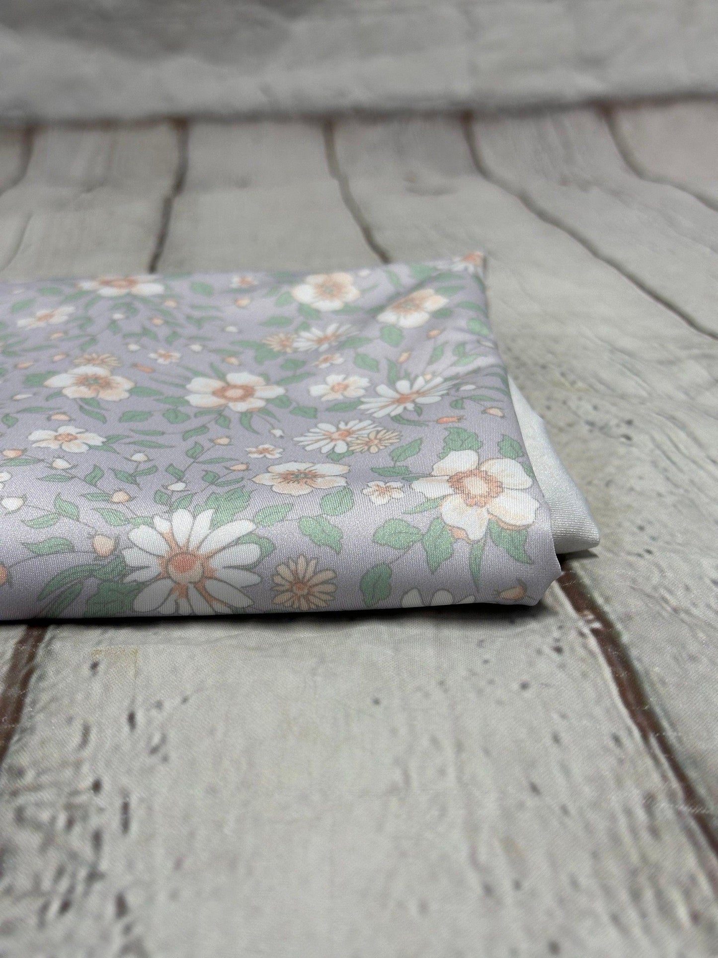 4 Way Stretch Tricot Print Spandex Fabric By The Yard Tricot Swim Wear Bikini Soft Pastel Small Ditsy Flower Foral Lavender Daisy