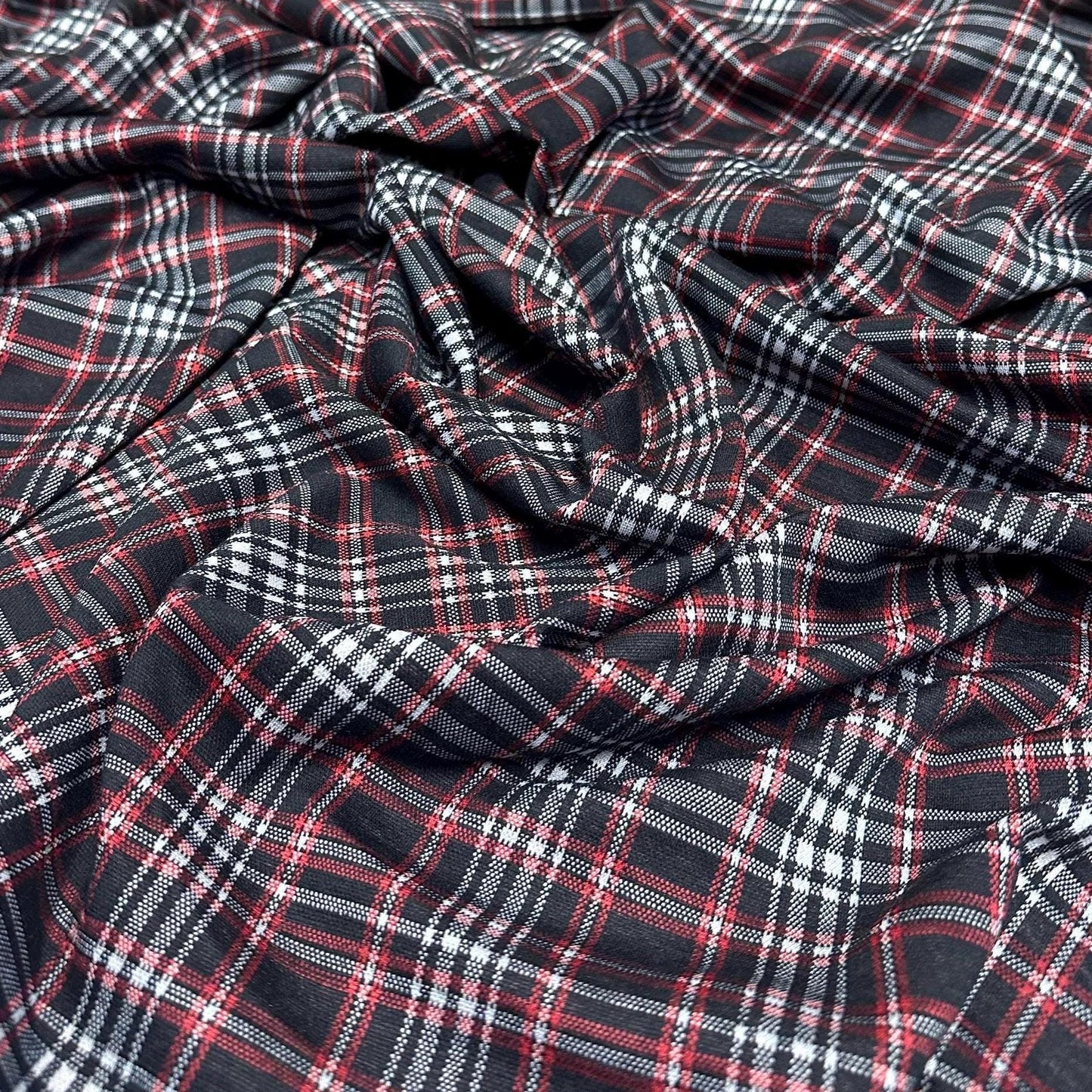 2 Way Stretch Double Knit Black Red Plaid Polyester Spandex Fabric By The Yard Grey Black
