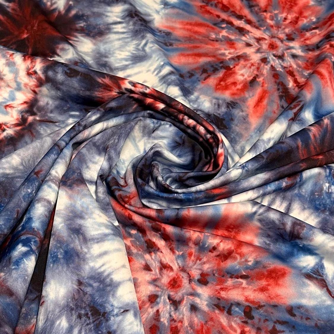 4 Way Stretch Print Nylon Spandex Fabric By The Yard Tricot Swim Wear Bikini Active Wear Space Acid Wash Tie Dye Red Blue Print