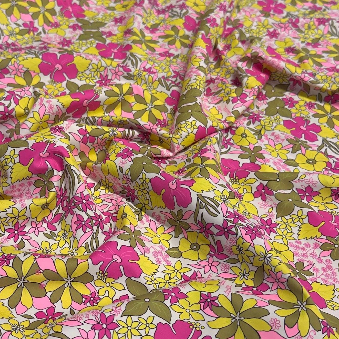 4 Way Stretch Print Nylon Spandex Fabric By The Yard Tricot Swim Wear Bikini Active Wear Yellow Multicolor Daisy 70s Retro Vintage