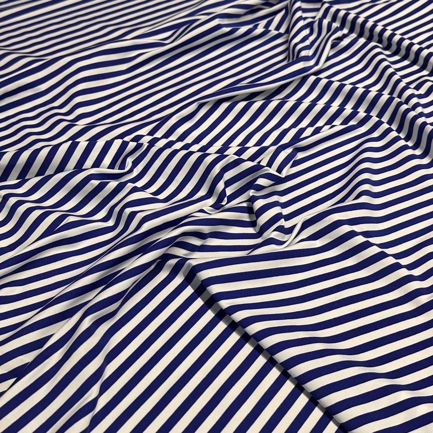 4 Way Stretch Print Nylon Spandex Fabric By The Yard Tricot Swim Wear Bikini Active Wear 1/4 Inch Classic Stripe Royal Blue White