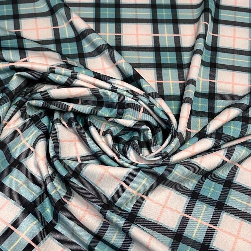 4 Way Stretch Assorted Print Nylon Spandex Fabric By The Yard Tricot Swim Wear Bikini Active wear White Green Plaid Print 280 GSM