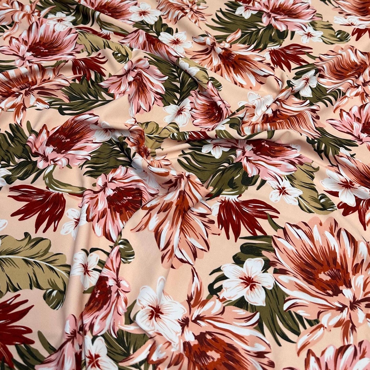 4 Way Stretch Print Nylon Spandex Fabric By The Yard Tricot Swim Wear Bikini Active Wear Carnation Floral Tropical Floral Print Nude Beige