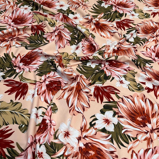 4 Way Stretch Print Nylon Spandex Fabric By The Yard Tricot Swim Wear Bikini Active Wear Carnation Floral Tropical Floral Print Nude Beige
