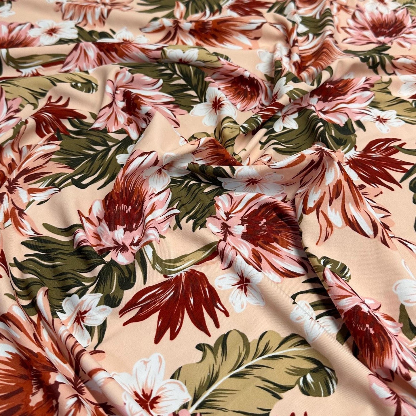 4 Way Stretch Print Nylon Spandex Fabric By The Yard Tricot Swim Wear Bikini Active Wear Carnation Floral Tropical Floral Print Nude Beige