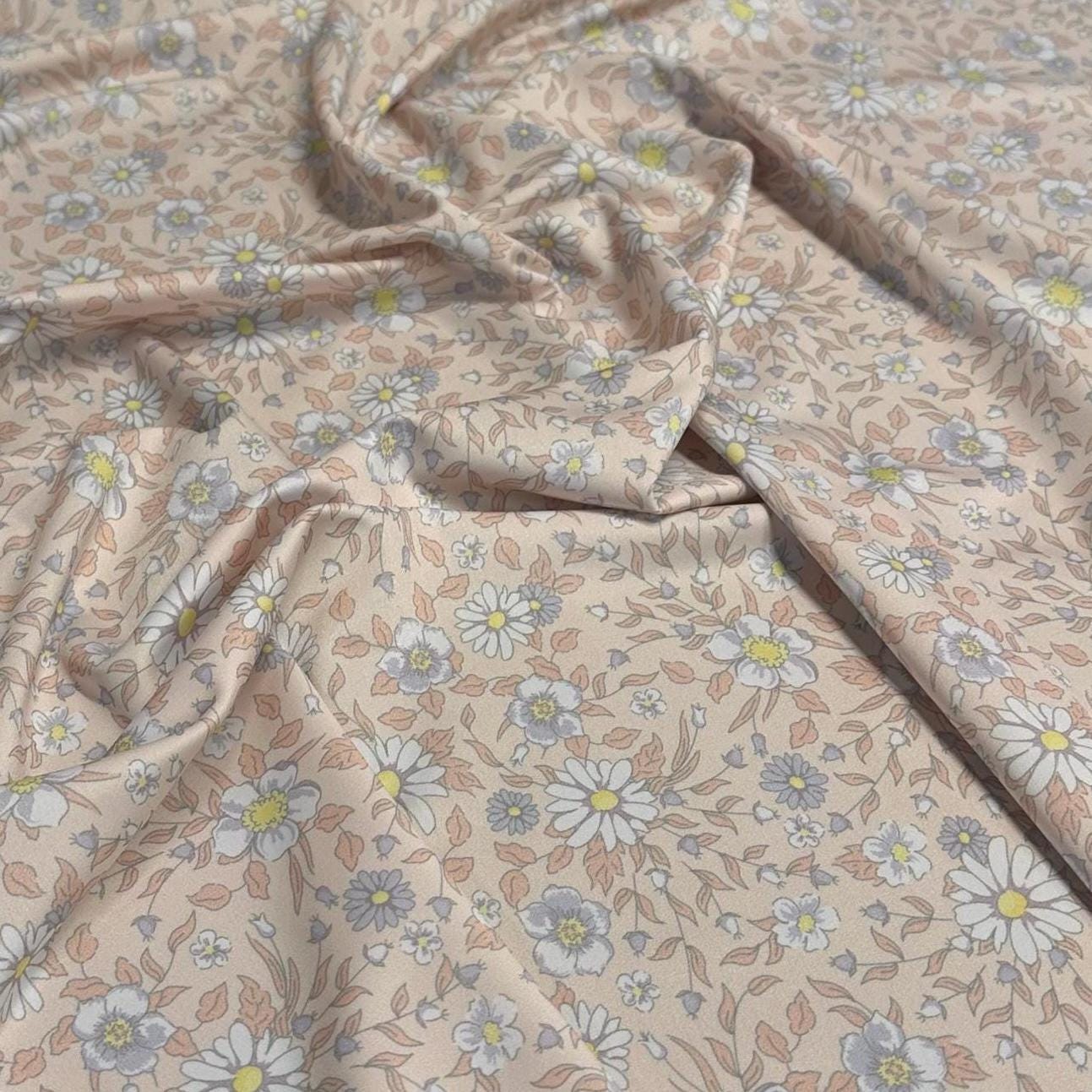 4 Way Stretch Tricot Print Spandex Fabric By The Yard Tricot Swim Wear Bikini Soft Pastel Small Ditsy Flower Foral Peach Daisy