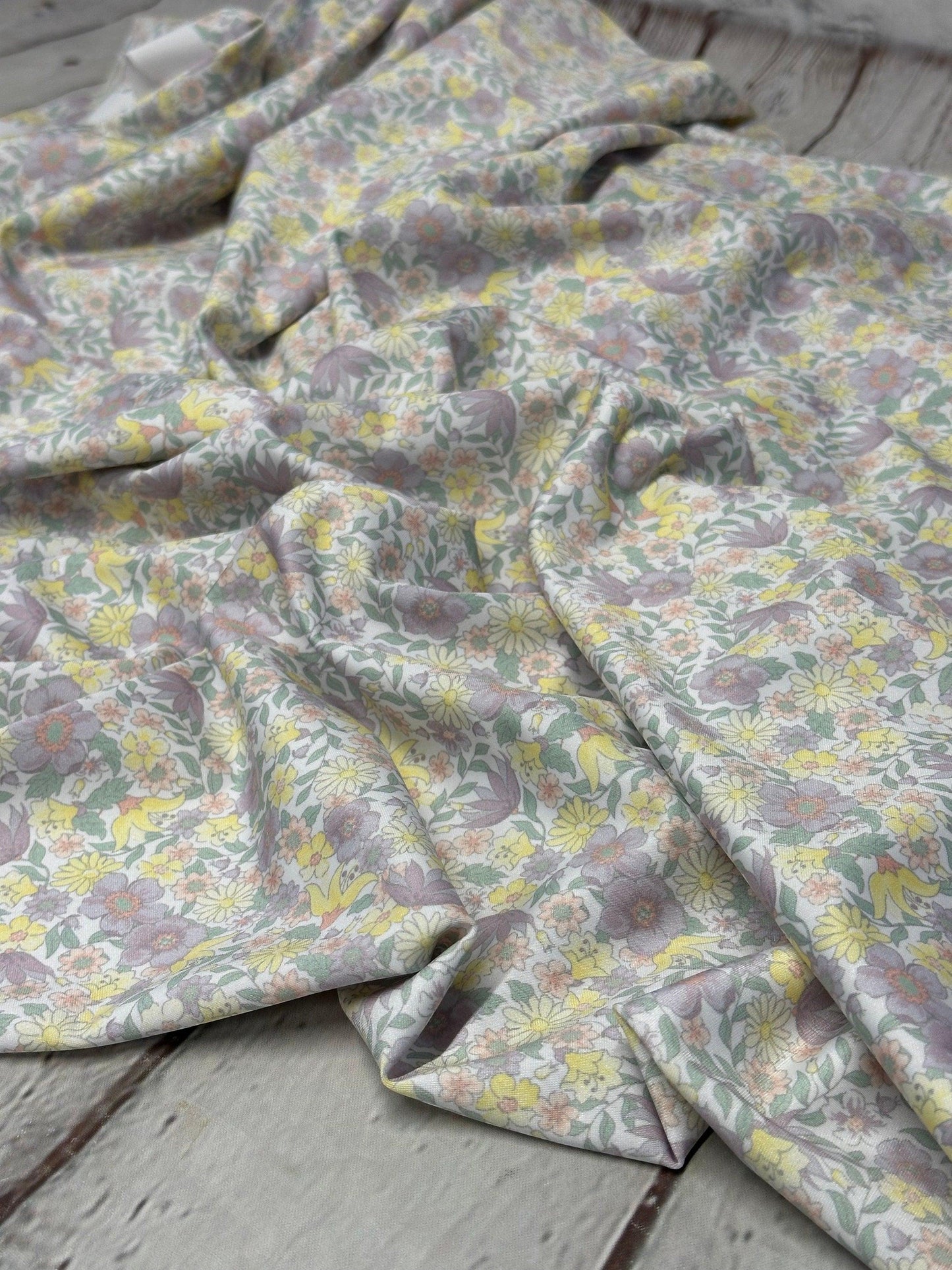 4 Way Stretch Tricot Print Spandex Fabric By The Yard Tricot Swim Wear Bikini Soft Pastel Small Ditsy Flower Foral Lilac Yellow Daisy
