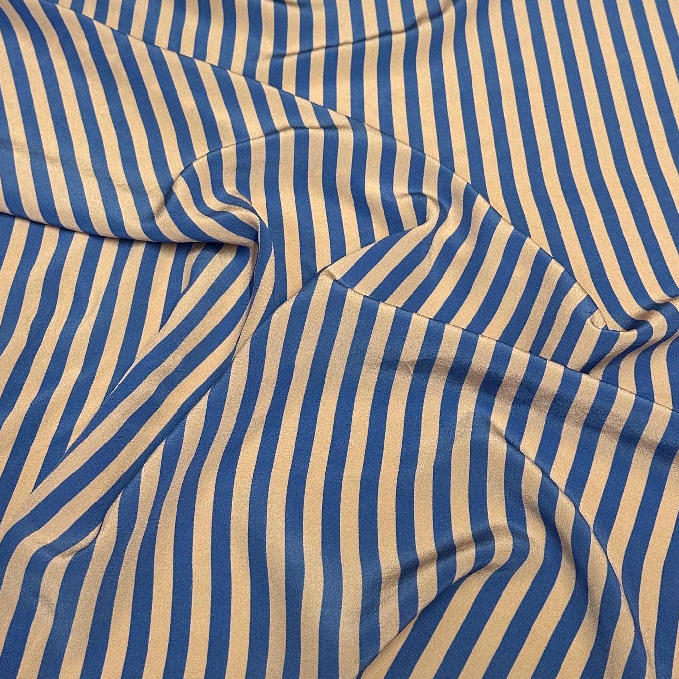 100% Silk Crepe De Chine CDC Stripe Silk Fabric By The Yard Blush Pink Blue 45 inch