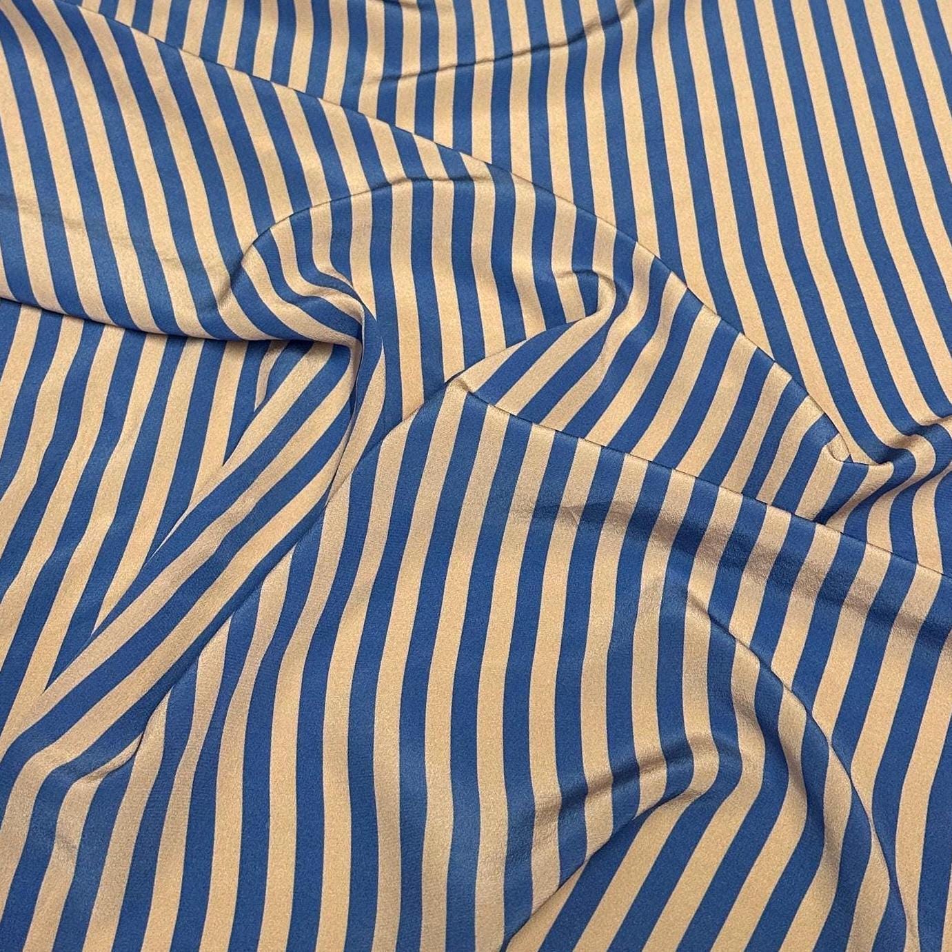 100% Silk Crepe De Chine CDC Stripe Silk Fabric By The Yard Blush Pink Blue 45 inch