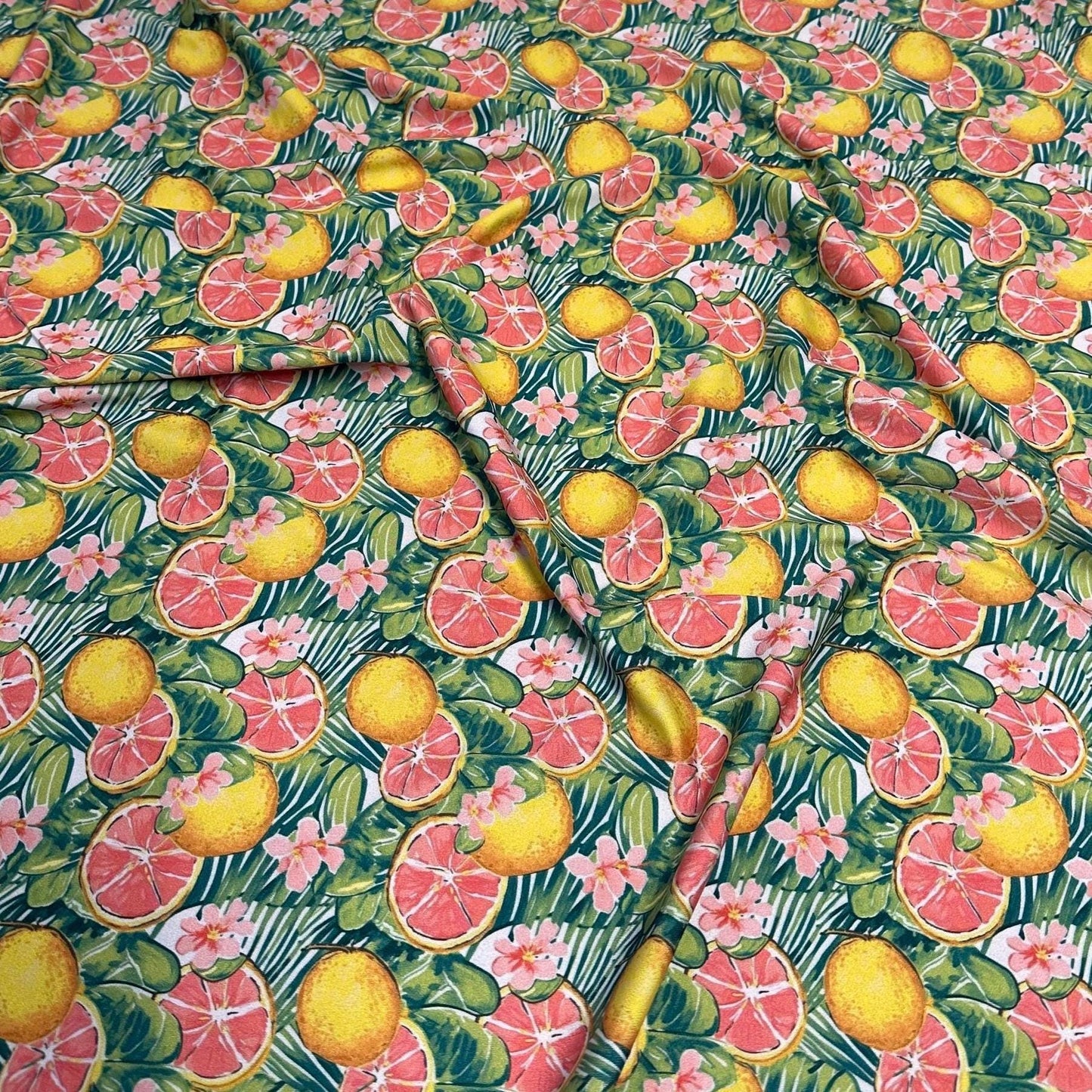 4 Way Stretch Print Spandex Fabric By The Yard Tricot Swim Wear Bikini Tropical Grapefruit Lemon Fruit Floral Leaves