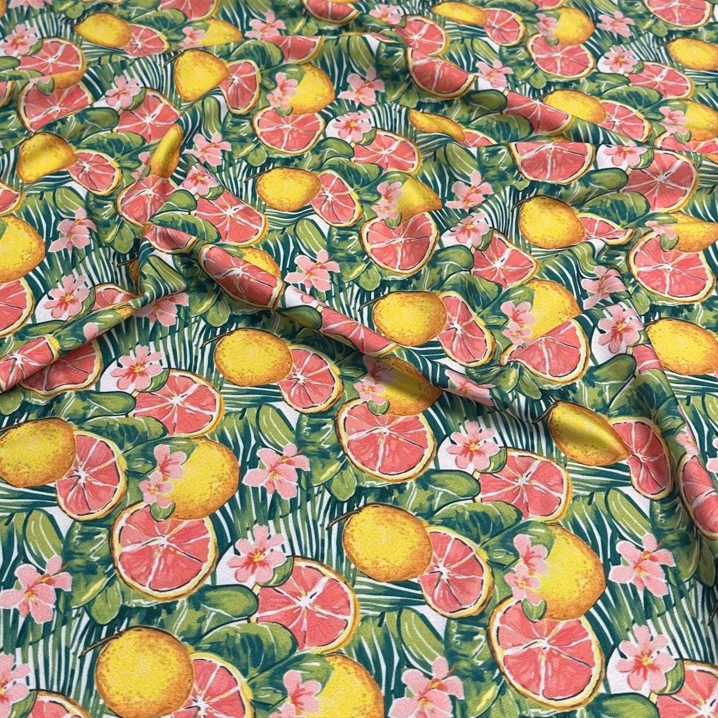4 Way Stretch Print Spandex Fabric By The Yard Tricot Swim Wear Bikini Tropical Grapefruit Lemon Fruit Floral Leaves