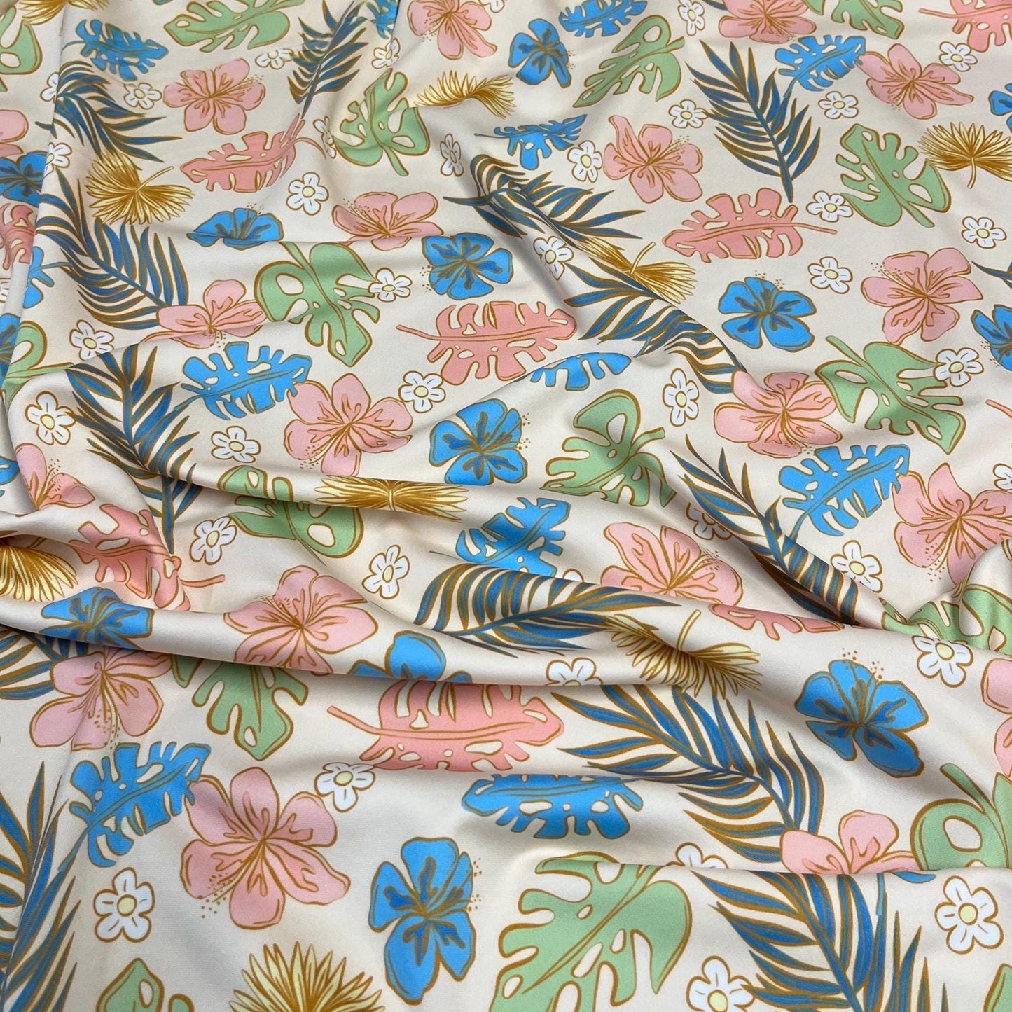 4 Way Stretch Print Spandex Fabric By The Yard Tricot Swim Wear Bikini Abstract Hibiscus Flower  Tropical Leaf Floral Denim Coral