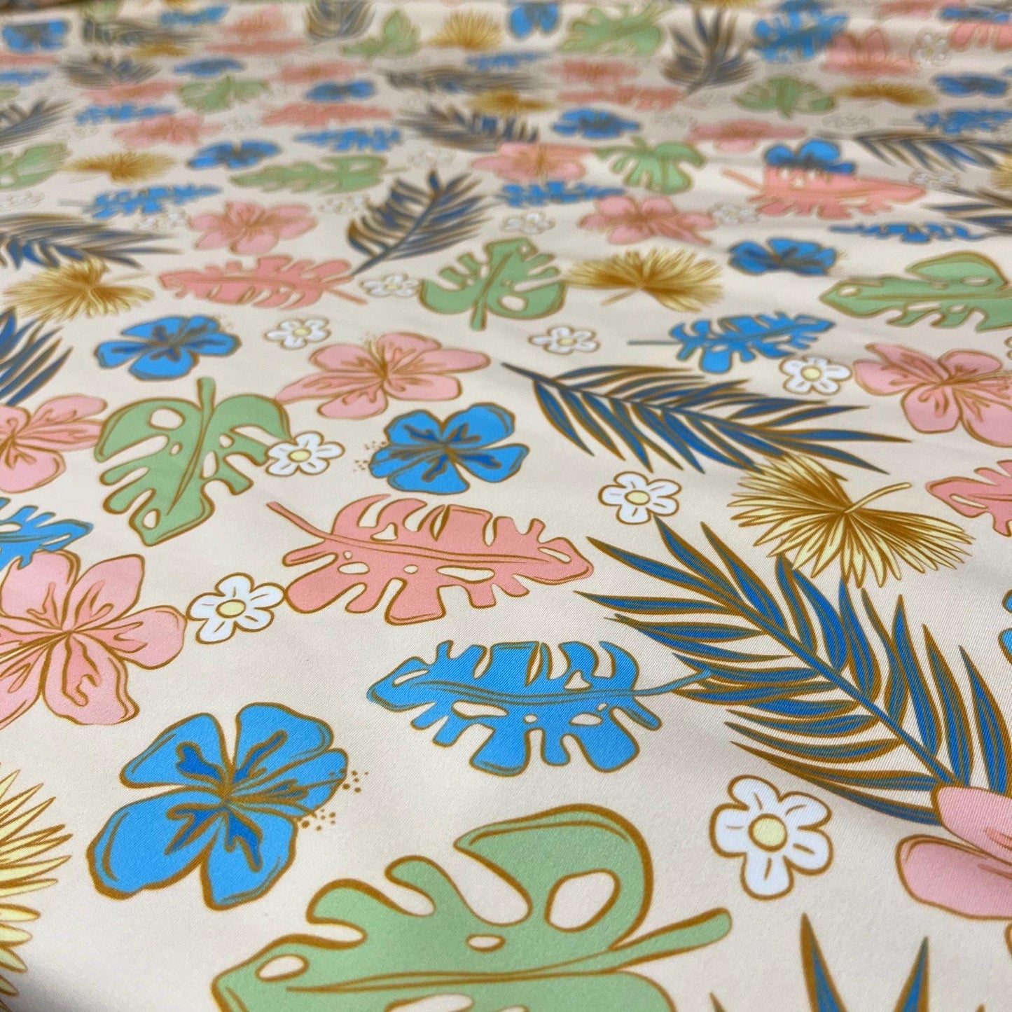4 Way Stretch Print Spandex Fabric By The Yard Tricot Swim Wear Bikini Abstract Hibiscus Flower  Tropical Leaf Floral Denim Coral