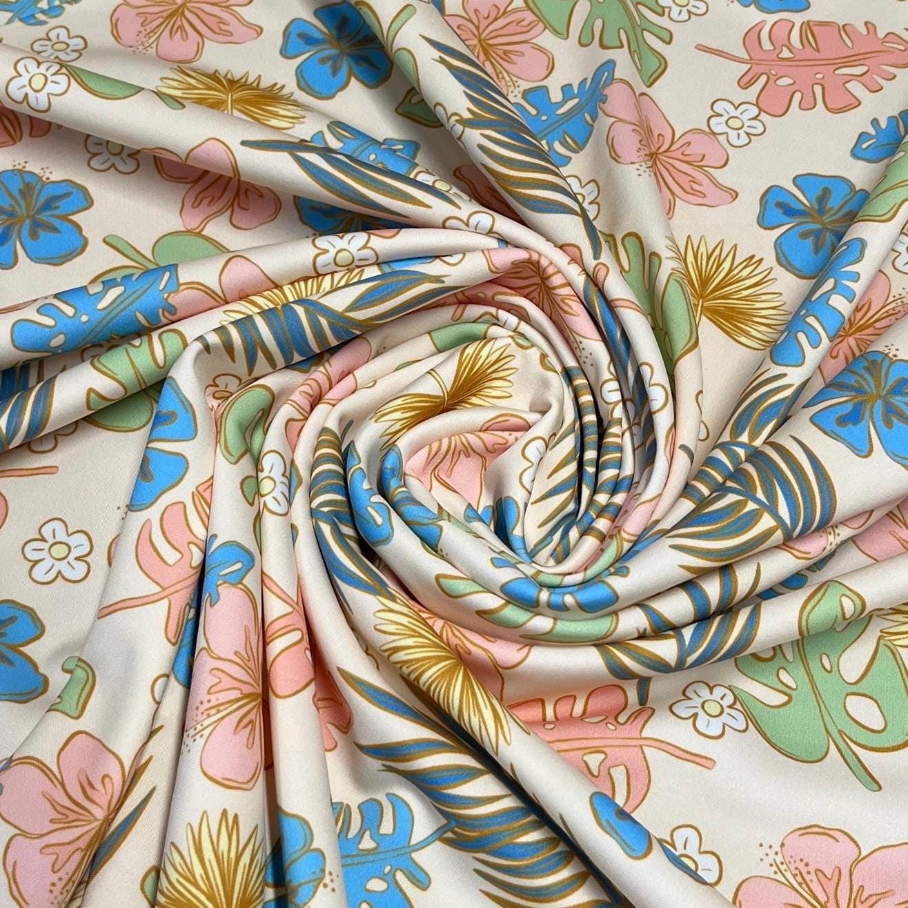 4 Way Stretch Print Spandex Fabric By The Yard Tricot Swim Wear Bikini Abstract Hibiscus Flower  Tropical Leaf Floral Denim Coral