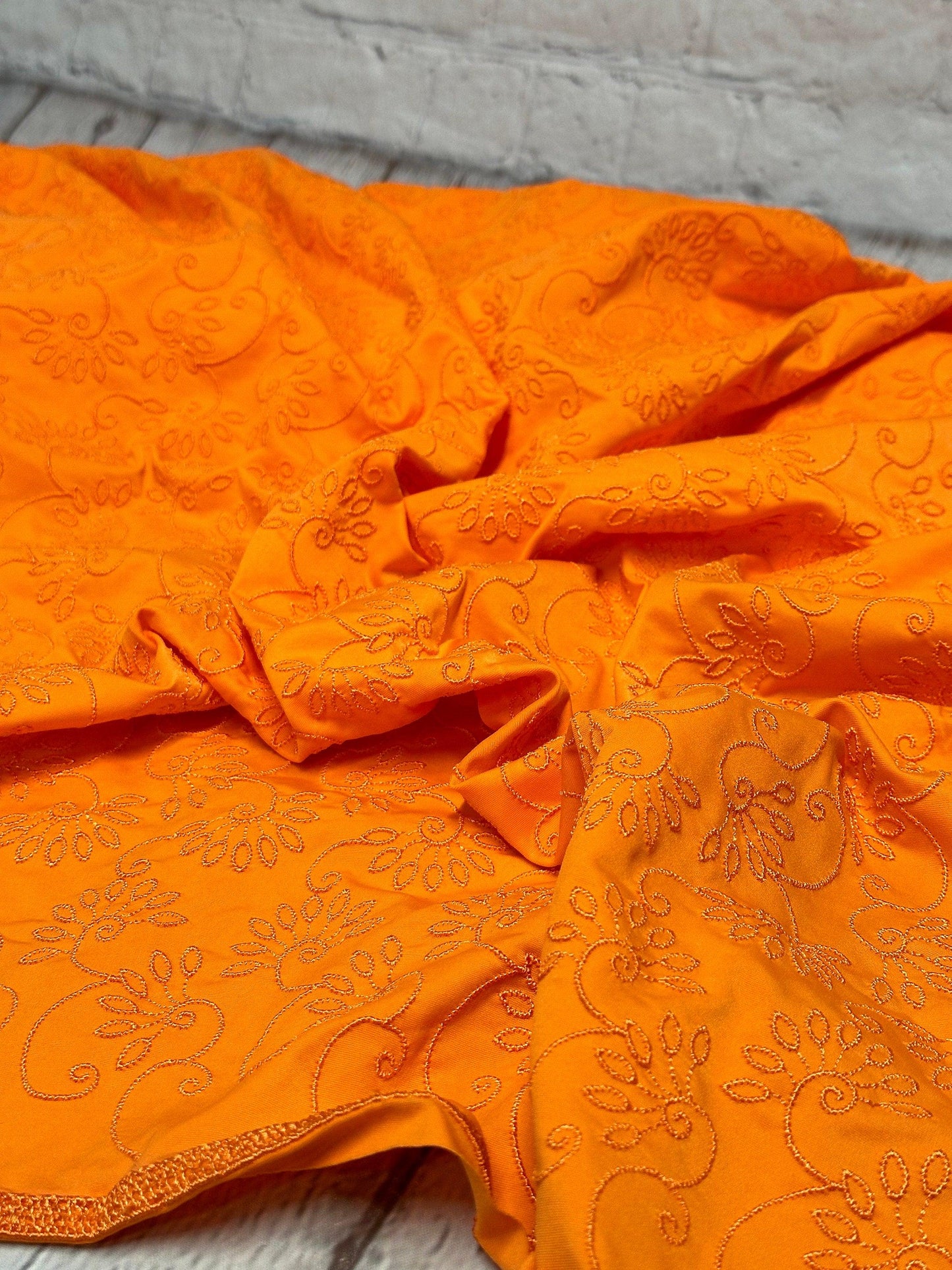4 Way Stretch Print Nylon Spandex Fabric By The Yard Tricot Swim Wear Bikini Active Wear Embroidered Texture Eyelet Orange